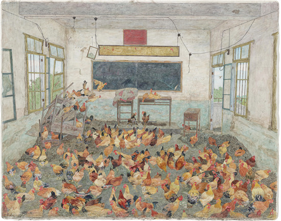 赵延斌 -《鸡圈》-57×72cm-木板丙烯,铅笔-2015