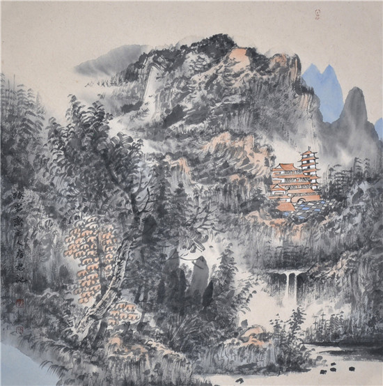 《山静瀑幽图》68×68cm